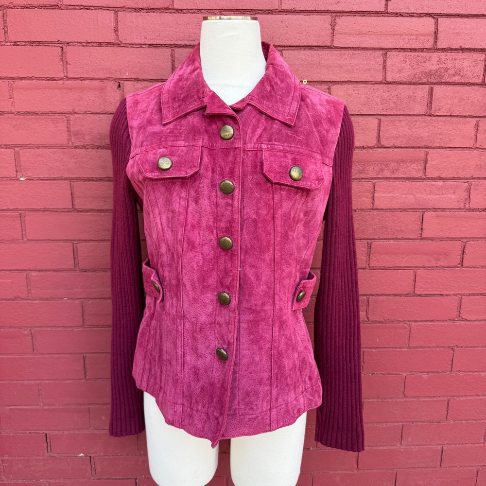 Dressbarn Magenta Suede Leather Jacket Womens Size Medium Festival Boho Hippoe